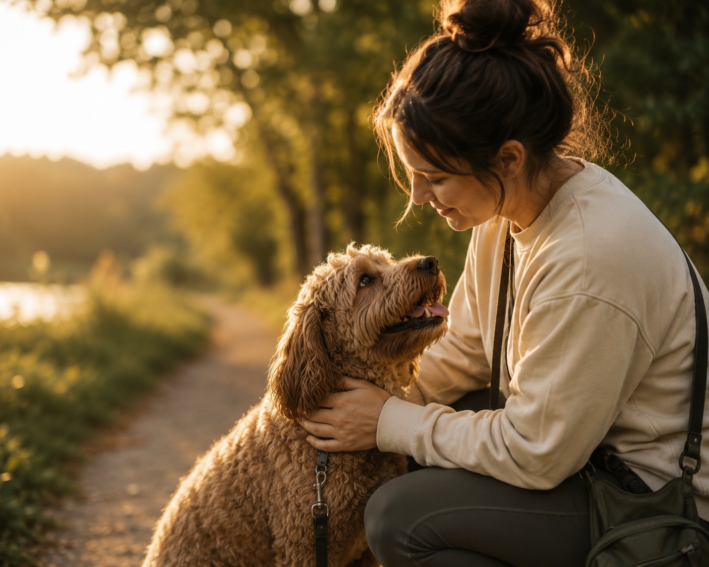 Warm moment between person and dog outdoors