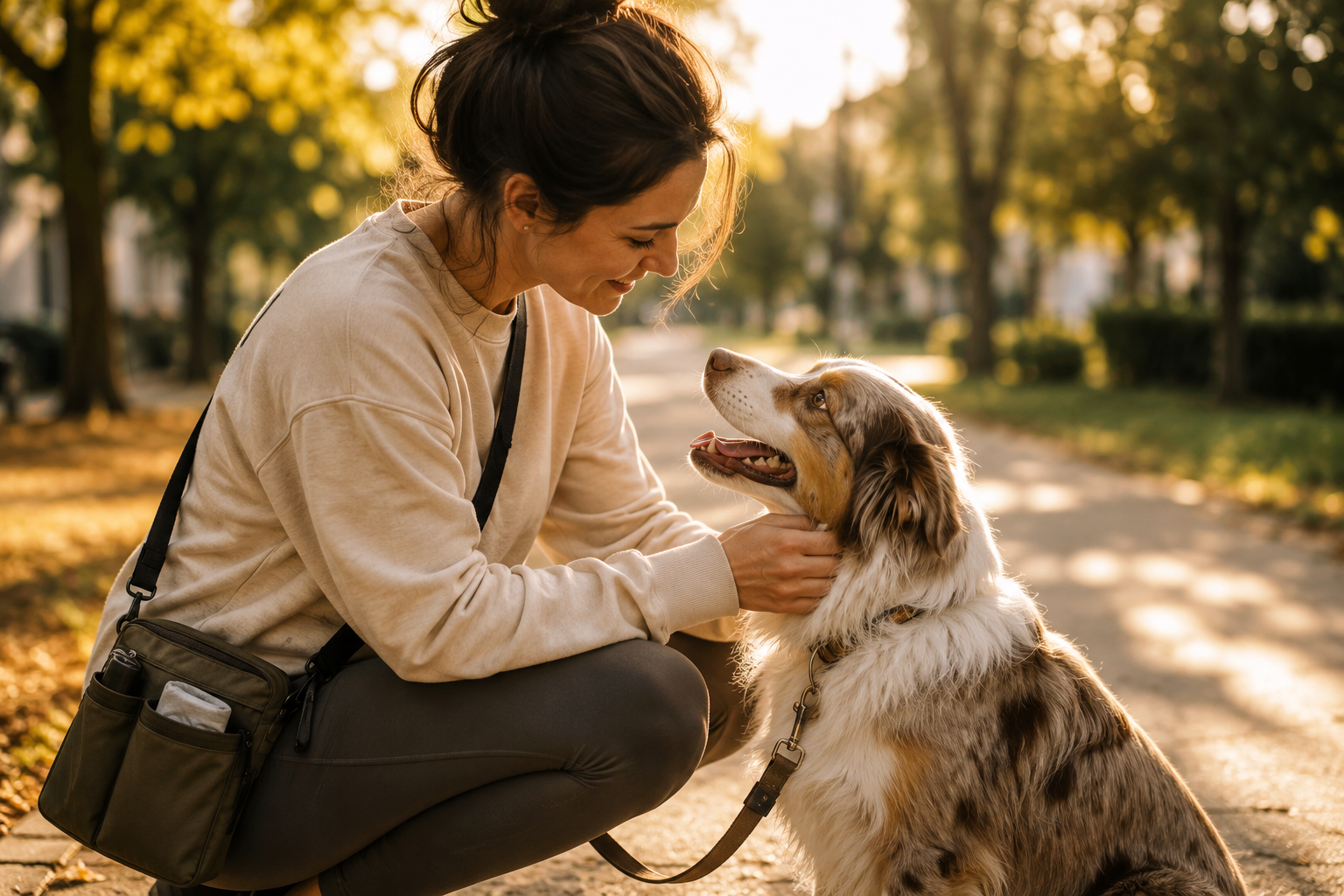 A person connecting warmly with their dog outdoors